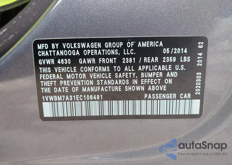 2014 Volkswagen Passat 3.6L V6 Se z USA, uszkodzony, nr VIN 1VWBM7A31EC106491